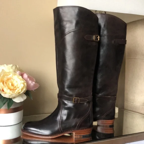 Frye Womens Dorado Buckle Riding Boot Dark Brown Full Grain - Picture 3 of 13